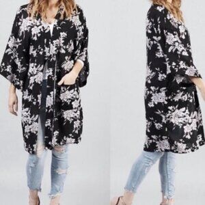 Spiritual Gangster Maya Kimono-Style Floral Wrap Self-Tie Robe OS Black/White